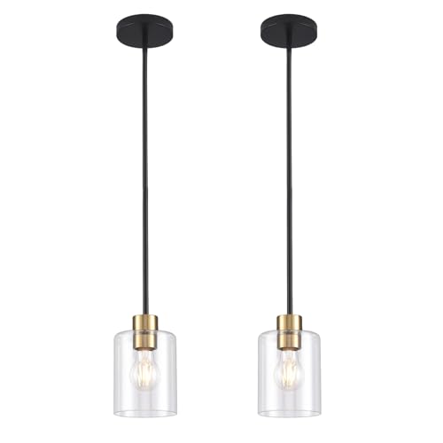 KLSS Black Brass Pendant Lights Kitchen Island - Clear Glass Pendant Light Fixture Multiple Stems Rods 3 Units 12 Inch 3 Units 4 Inch (2 Pack Black Brass Downrod)