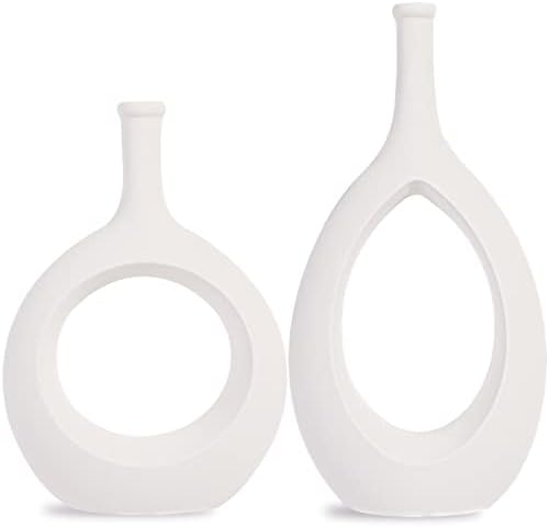 CERANEE White Hollow Vase Set of 2, Oval Vases for Centerpieces Decor, Frosted Geometric Ceramic Flowers Vase with Hole in Center for Home Décor Office Decoration Figurines Ornament, 1st Gen