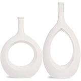 CERANEE White Hollow Vase Set of 2, Oval Vases for Centerpieces Decor, Frosted Geometric Ceramic Flo