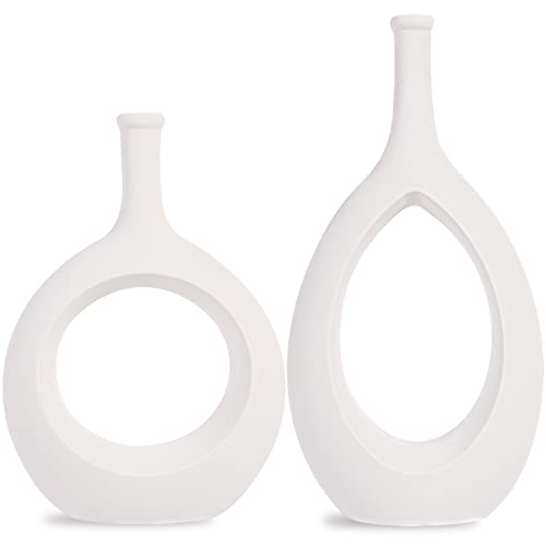 Ceranee White Hollow Vase Set Of 2, Oval Vases For Centerpieces Decor, Frosted Geometric Ceramic Flowers Vase With Hole In Center For Home Décor Office Decoration Figurines Ornament, 1St Gen #TOP1