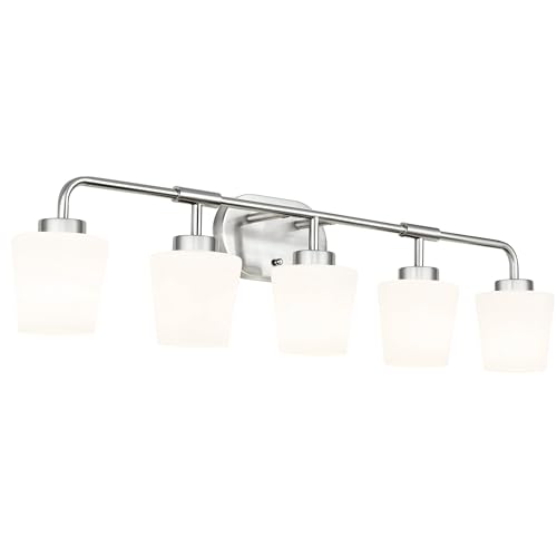 Image of Bathroom Light Fixtures Over Mirror, 5-Light Brushed Nickel Vanity Lighting Fixtures with Milk White Glass, 38inch Farmhouse Wall Sconces Lighting, AD-22004-5W-SN
