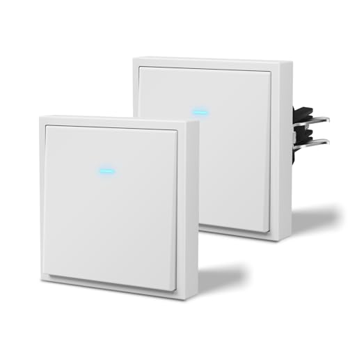 BSEED Interruptor pared Mate,Basculante con Garfio,Botón Pulsador con Pilotitos LED,Fácil Instalación,C-Series,1 Gang 1 Vía - 2Paquetes,80mm Blanco