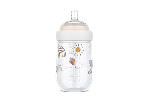 Mepal, Biberón Mio, Tapa transparente para almacenamiento, Anticólicos Biberones, Diseño en espiral evita obstrucciones, Silicona de grado médico, 240 ml, Sunshine & Rainbow