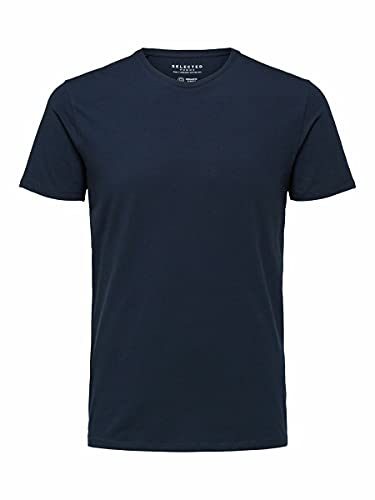 Herren Selected Basic T-Shirt | Einfarbiges Rundhals Kurzarm Shirt SLHNEWPIMA | Jersey Stretch Baumwolle, Farben:Navy, Größe:L Cover