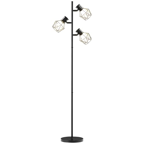 HOMCOM Lampada da Terra con 3 Luci Regolabili e Interruttore a Manopola, Lampada Moderna in Metallo, 41x28x169 cm, Nero