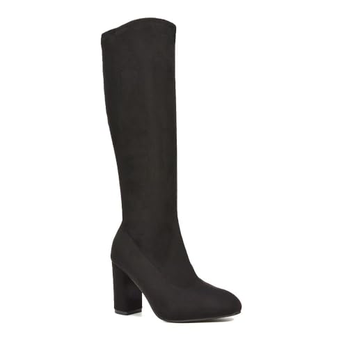 ESSEX GLAM Women's Stretch Knee High Boots Ladies Block Heel Elasticated Calf Black Faux Suede Long Shoes Size 6