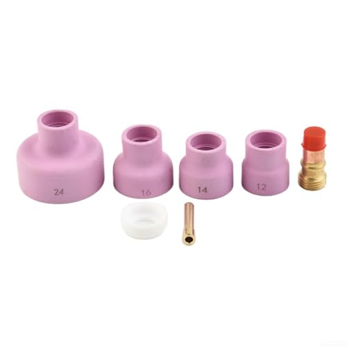 Kit de soplete de soldadura TIG de 7 piezas con lente de gas y tazas de cerámica #12#14#16#24 compatible con antorchas WP-17 WP-18 WP-26 incluye junta de lente de portabrocas para soldadura de argón