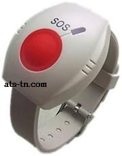 Close-up of the wrist panic button with red SOS button