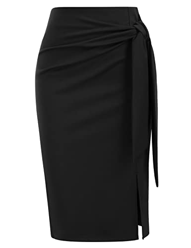 Kate Kasin Women's Skirt Elastic High Waist Bow Tie Knee Length Stretch Bodycon Pencil Skirts with Slit