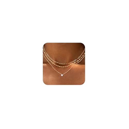 ASCOMY Layered Necklaces for Women Gold Necklace 14K Gold/Silver Plated Pendant Necklace Layered Cross Necklace Paperclip Rope Bead Box Satellite Dot Chain Necklaces Gold Choker Trendy Jewelry Gift