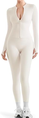 SUUKSESS Women 2 Piece Seamless Ribbed Workout Sets With Zip Up J...