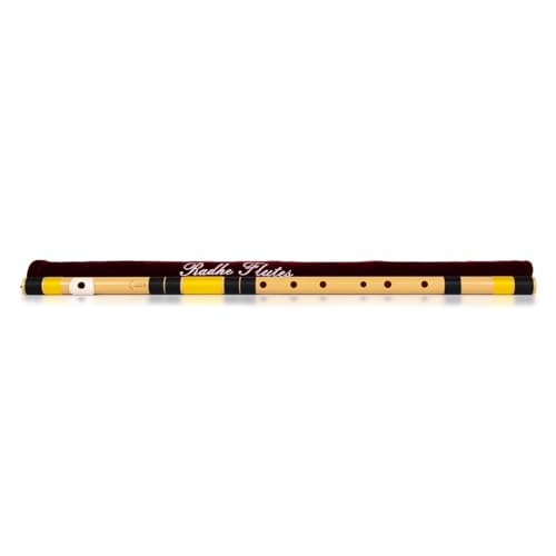 Image of Radhe Flutes | E Natural Right Handed Base Bansuri | Tuned With Tanpura A=440Hz | PVC Flute + Velvet Cover + Hindi & English Flute Lessons | PERENT (Beige Flute With Black & Yellow Threads)
