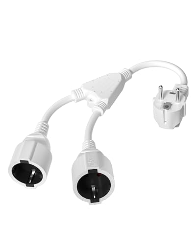 Luxvista Alargador Enchufe, Enchufe Doble Cable Alargador de Corriente 2 en 1 Toma Schuko con Cable Flexible 6A/250V/MAX 4000W IP44 Enchufe Multiple para Hogar, Oficina Blanco (32cm)