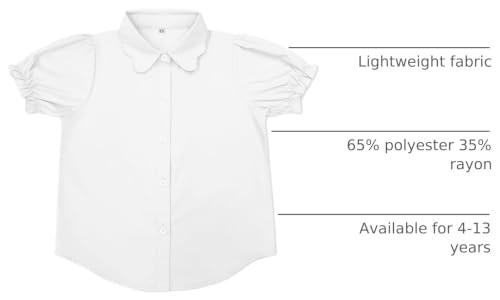 Image of Girls Button Down Shirt Puff Sleeves Blouse Summer Cute Top Doll Collar School Uniform, 4-13Y