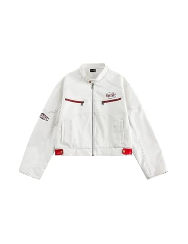 Fullneat Women’s Cropped Moto Biker Jacket PU Leather Short Racing Coat with Stand Collar, Zip Pockets & Embroidered Logo, Trendy Streetwear for Casual, Festival, Outdoor Wear S