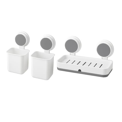 Image of Wall Mounted 2 Toothbrush & 1 Soap Holder, Self Adhesive ABS Storage Box with Drain Tray - No Drill Bathroom Organizer for Toothpaste, Face Wash, Soap, Comb & Sink Essentials