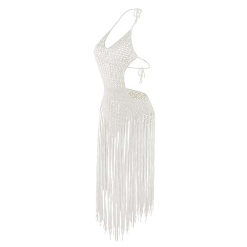Women's Crochet Tassel Hollow Out Cover Up See Through Maxi Halter Dress Bathing Suit Cover Up Tassel Dress 7