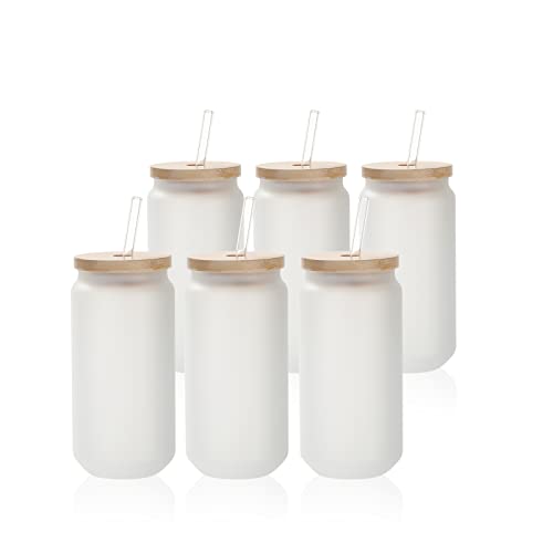 Image of PYD Life 6 Pack Sublimation Glass Cans Tumblers Cups Blanks Frosted 18 OZ | Glass Cups with Lid and Straw for Iced Coffee, Juice, Soda, Drinks, Beer, for Tumbler Heat Press Sublimation Oven Printing