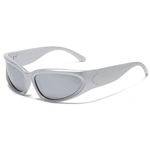 YAMEIZE Womens Sunglasses Wrap Around Cycling-Sport UV400 Protection Trendy Driving Sun Glasses for Men SilverFrameSilver