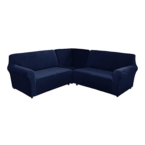 TIUTIU L-Form Sofahusse 5/7-Sitzer Eckcouch Cover, Elastischer Ecksofabezug Mit Anti-rutsch Schaumstoffankern, 3-teilige Dicker Plüsch Samt Schonbezug (Navy,7-Sitzer)