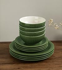 Image of Famiware Garden 24-Piece Embossed Plates and Bowls Sets, Stoneware Reactive Glaze Dishes Dinnerware Set, Modern Rustic, Chip & Scratch Resistant, Microwave & Dishwasher Safe, Service for 8, Dark Green