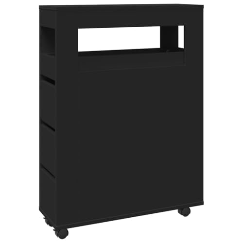 vidaXL Badschrank, Badezimmerschrank Schmal mit Rollen, Badrollwagen Nischenregal mit Stauraum, Nischenwagen Rollwagen Badmöbel, Schwarz Holzwerkstoff