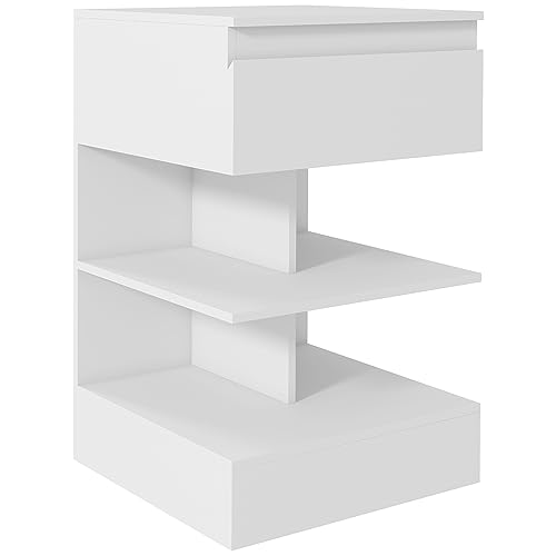 HOMCOM Comodino Moderno in Truciolato e MDF con un Cassetto e 2 Ripiani, 39x39x65 cm, Bianco