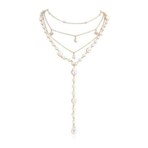 Multi-layer Crystal Star Moon Pendant Necklace for Women Trendy Long Imitation pearl Chain Necklace Set Sweater Y-Necklace Jewelry (Gold) Cover