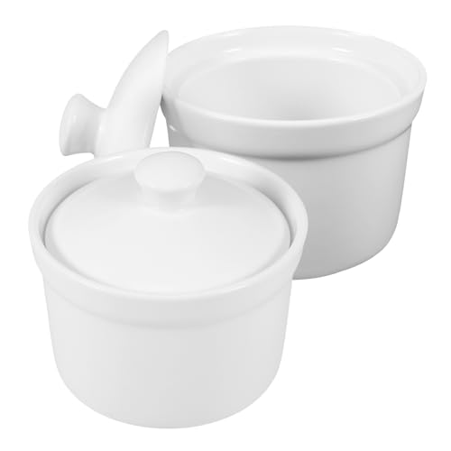 Kichvoe Ceramic Stew Bowls with Lids Set of 2 Ceramic Stew Pot Miso Soup Bowl White Porcelain Jar for Pho Rice Ramen Noodle Dessert Kitchen Use, 4-Inch, Easy to Clean, Dishwasher Microwave Safe