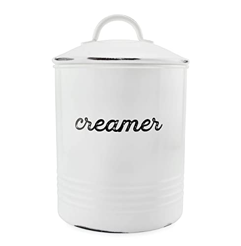 AuldHome Design Enamelware White Creamer Canister; Rustic Distressed Style Coffee Accessory Storage for Kitchen
