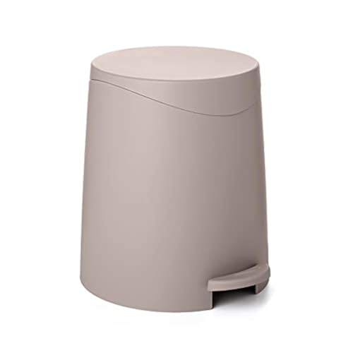 Image of Superio Mini Bathroom Trash Can with Lid 3 Liter, Plastic Waste Bin 0.75 Gallon, Modern Flat Lid Step On Trash Can with Foot Pedal, for Bathroom, Bedroom, Office, Under Desk, Soft Close (Taupe)