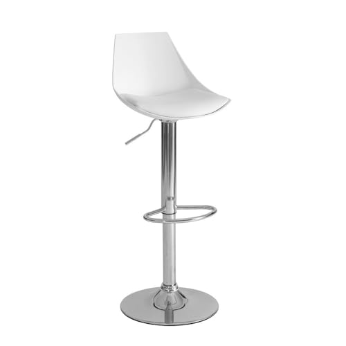 LOLAhome Taburete Alto de Cocina Giratorio en 360°, Silla de Bar Regulable en Altura de 83 a 104 cm, con Respaldo, Material Polipiel, structura Metal y Reposapiés, Blanco