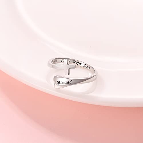 Sterling Silver Cross Ring For Women - Christian Blessed Faith Hope Love Inspirational Encouragement Jewelry,Statement Wrap Finger Open Adjustable Thumb Cross Heart Ring Gift For Teen Girls #TOP3