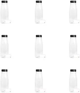 TEC Juice Bottles 250ml with Lids Empty Clear Round PET Plastic Small Mini Drink Containers Reusable for Fridge Suitable for Kids Adults Water Milk Lunchboxes Juicing Pack Multipack in Bulk Packs (9)