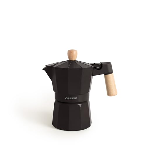 CREATE / THERA MOKA RETRO/Cafetera italiana negro 350 ml/Capacidad de 6 tazas, fabricada en aluminio, válvula de seguridad, apta para gas, cocina eléctrica o vitro