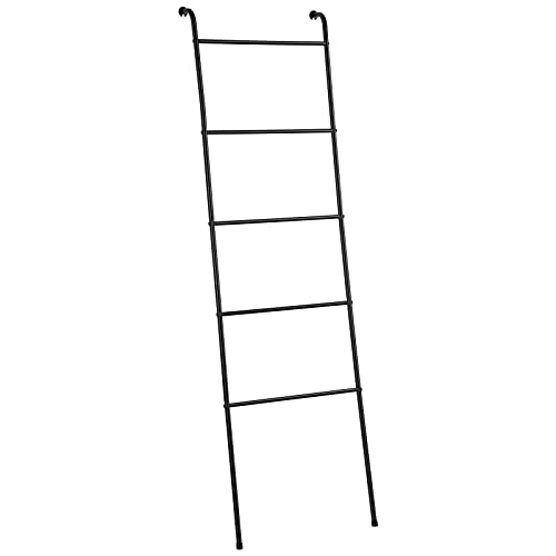 Towel Blanket Ladder Leaning Black Metal Blanket Holder 5 Tier Industrial Ladder Rack for Bathroom Living Room Laundry Room (Matte Black)