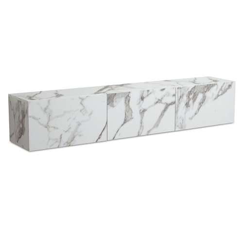 FineBuy Meuble TV bas, suspendu, aspect marbre, 160 x 30 x 30 cm, design moderne, avec portes battantes, meuble TV, à suspendre, blanc