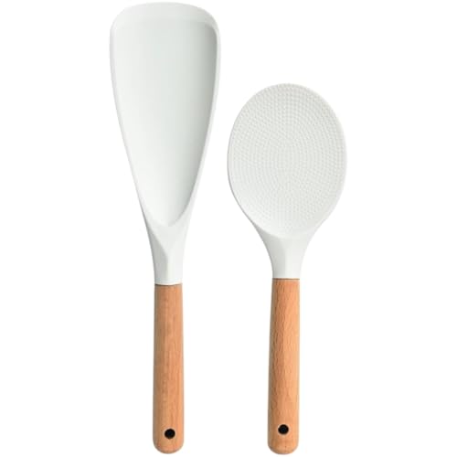 UNIVERSOENLÍNEA.COM | 2pcs - Utensilios de Cocina de Silicona Cuchara y Pala con Mango de Madera Para Vaporera Arroz Cocina Preparacion de Alimentos Espatula de Arroz (Blanco)