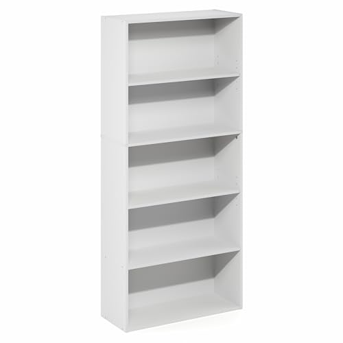 Image of Furinno Jaya Book Shelf, 5-Tier Bookshelf, 52 Inch Tall Standing Bookcase with Adjustable Shelf, 9.5 x 23.6 x 52.6, for Home Office, Bedroom, Living Room, White