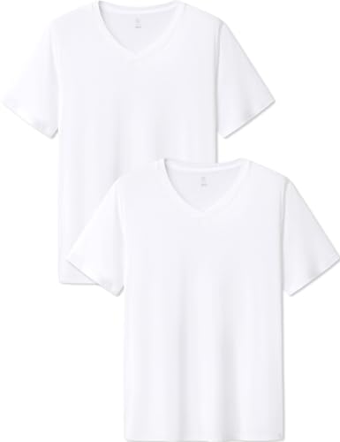 Lapasa Men's 2-Pack Micro Modal QUICK DRYING T-shirt V-Neck Short Sleeve Undershirt M08, Large/Chest 41-43 Inches, A-white