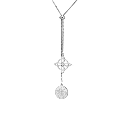 Dreamtimes Witches Knot & Tetragrammaton Pentagram Necklace Y Chain Adjustable Long Necklaces Mystical Symbol Pendant Necklace Celtic Knot Occult Spiritual Inspired Jewelry for Women Men (Silver)