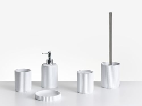 Badaccessoires Set 5-teilig Kunstharz weiß Rillenoptik Bad-Zubehör Camana