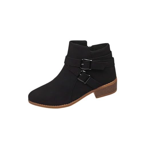 Bottes courtes femme bout pointu talon épais bas et fermeture éclair latérale