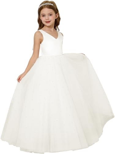 Sleeveless Flower Girl Dress V-Neck Satin Tulle First Communion Gown Pearls Wedding Party Long Dresses with Bow