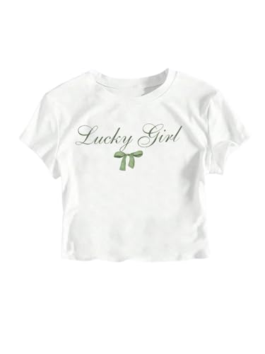 Girl's Summer Graphic Crop Tops Short Sleeve Letter Bowknot Print T Shirts Crewneck Tees - Main Image