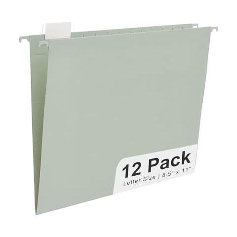 Y YOMA Letter Size - 12 Pack Colored Hanging File Folders Decorative Hanging Folder Cute Pretty File Folder for Filing Cabinet Office Home with 1/5-Cut Adjustable Tabs, Morandi Green Cover