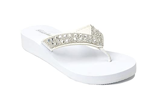 Image of REDVOLUTION New Women's Rhinestone Sandals High | Low Platform T-Strap Jewel Sandals High Wedge Flip Flops