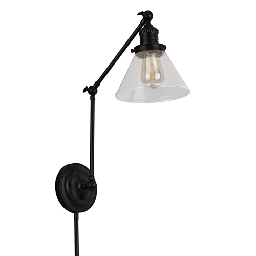 Image of Design House Augustin Wall Sconce, 1-Light, 3-Point Swing Arm, Seeded Glass Glow, Hardwire /Plug-in Easy Installation, On /Off Backplate, E26 Socket, Black, 7.9 in L x 17.3 in W x 38.6 in H, 589077-BLK | Adjustable Swing Arm, Adjustable, Wall Mount, Contemporary /Modern, Steel, Lighting, 589077-BLK
