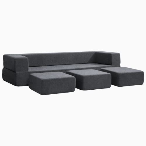 BALUS Folding Bed Couch, Sleeper Foam Sofa With 3 Ottomans - Cushioned Mattress for Living Room, Bedroom, Guest Room, Home Office (Dark Grey)