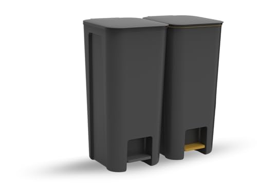 Go Practic Treteimer Set x40L Grau, Tretmülleimer mit Pedal und Deckel, Mülleimer, Mülltrennsystem für Papier, Kunststoff, Küchenmülleimer Recycling, Küche